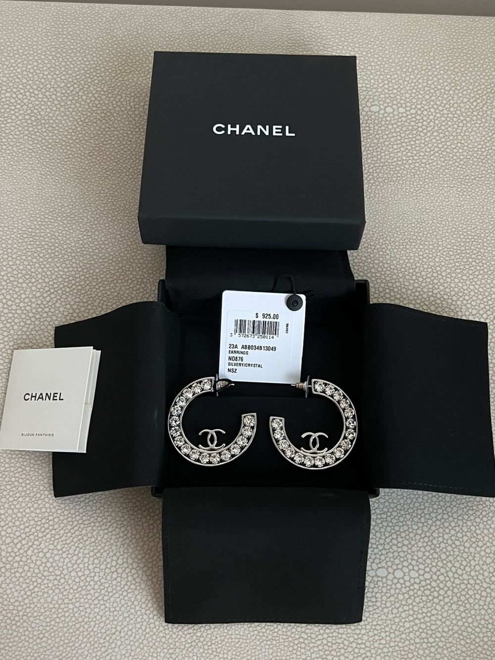 CHANEL Crystal-Embellished Silver CC Hoop Earrings